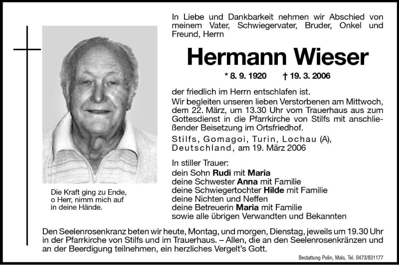  Traueranzeige für Hermann Wieser vom 20.03.2006 aus Dolomiten