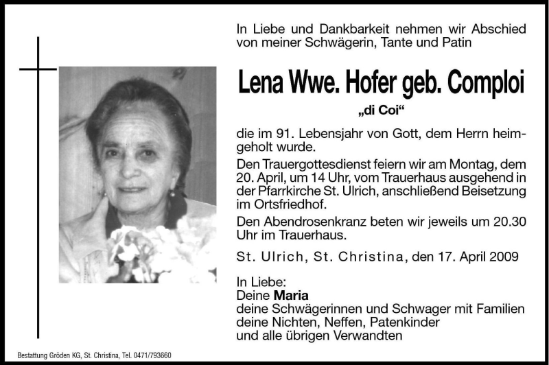  Traueranzeige für Lena Hofer vom 18.04.2009 aus Dolomiten