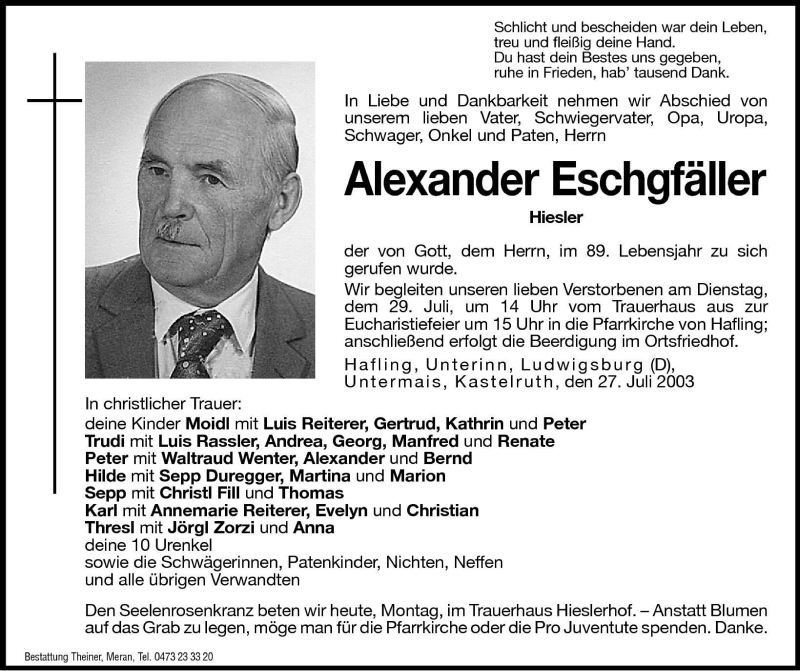  Traueranzeige für Alexander Eschgfäller vom 28.07.2003 aus Dolomiten
