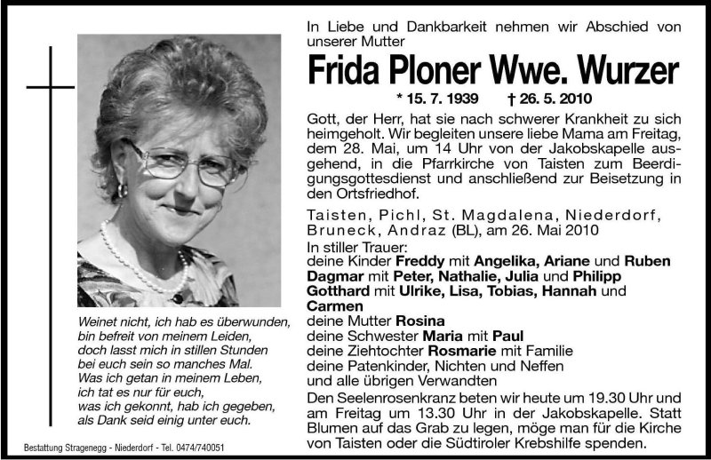  Traueranzeige für Frida Wurzer vom 27.05.2010 aus Dolomiten