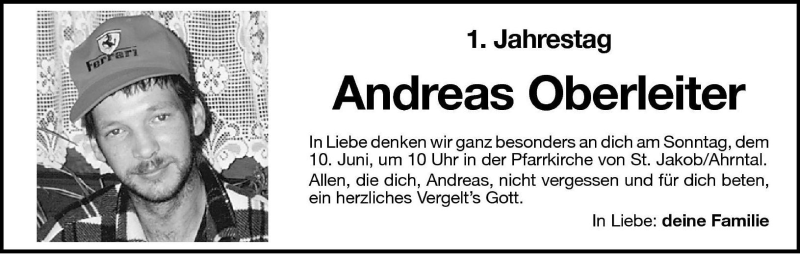  Traueranzeige für Andreas Oberleiter vom 09.06.2001 aus Dolomiten