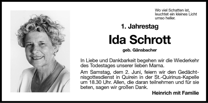  Traueranzeige für Ida Schrott vom 01.06.2001 aus Dolomiten