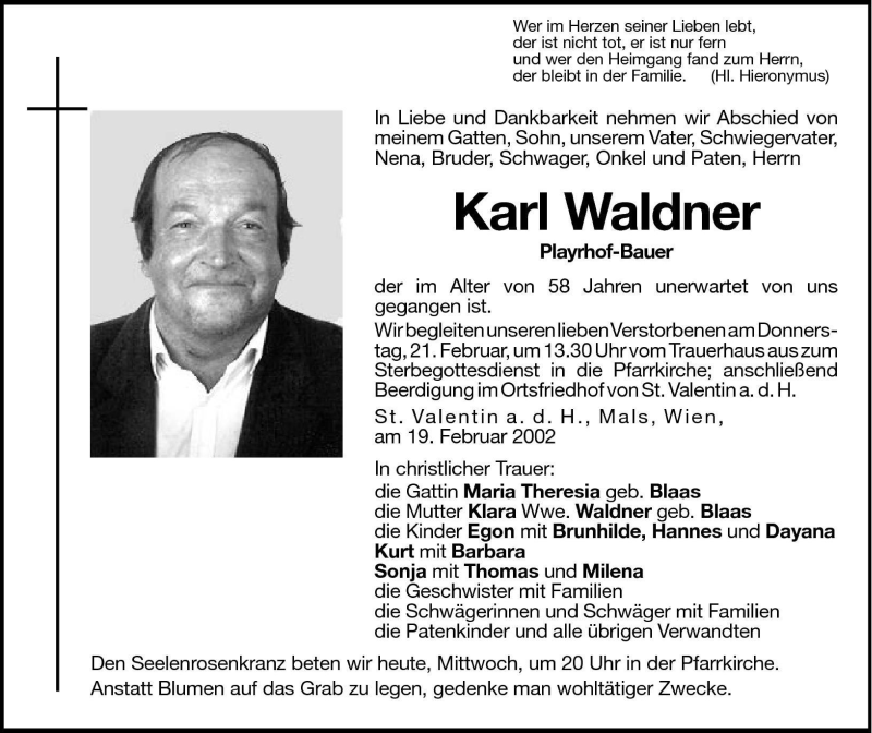  Traueranzeige für Karl Waldner vom 20.02.2002 aus Dolomiten