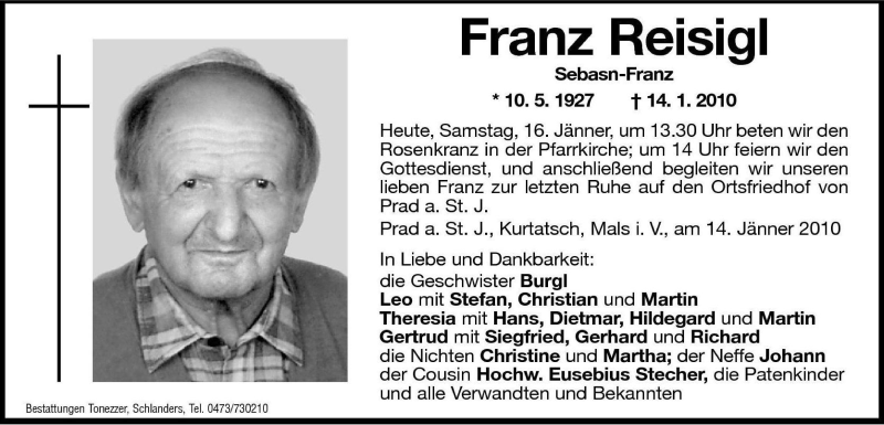  Traueranzeige für Franz Reisigl vom 16.01.2010 aus Dolomiten
