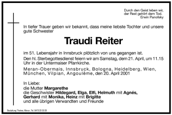 Traueranzeige von Traudi Reiter von Dolomiten