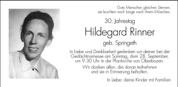 Traueranzeige von Hildegard Rinner von Dolomiten