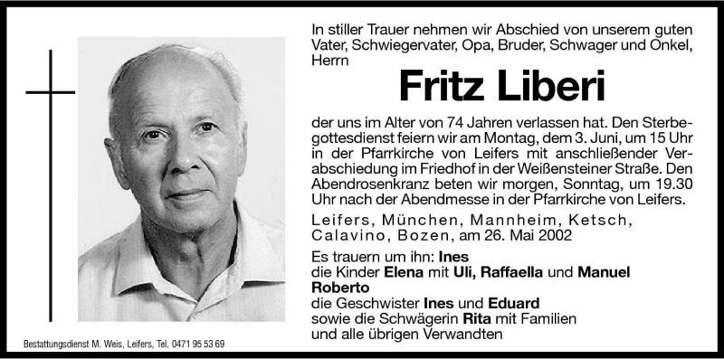  Traueranzeige für Fritz Liberi vom 01.06.2002 aus Dolomiten
