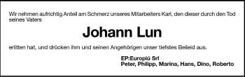 Traueranzeige von Johann Lun von Dolomiten