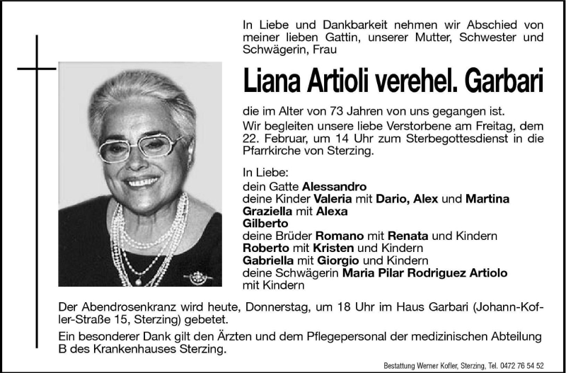  Traueranzeige für Liana Garbari vom 21.02.2002 aus Dolomiten