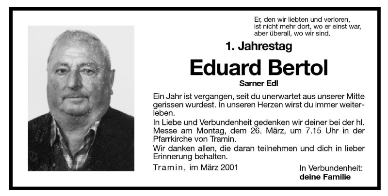  Traueranzeige für Eduard Bertol vom 23.03.2001 aus Dolomiten