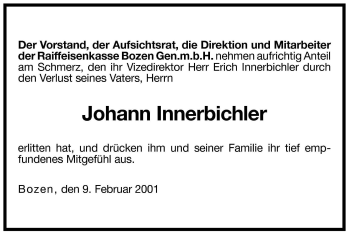 Traueranzeige von Johann Innerbichler von Dolomiten