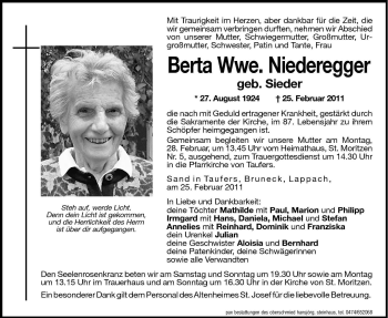 Traueranzeige von Berta Niederegger von Dolomiten