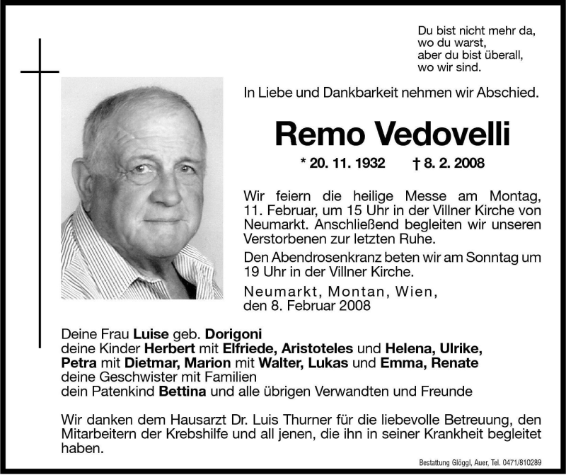  Traueranzeige für Remo Vedovelli vom 09.02.2008 aus Dolomiten