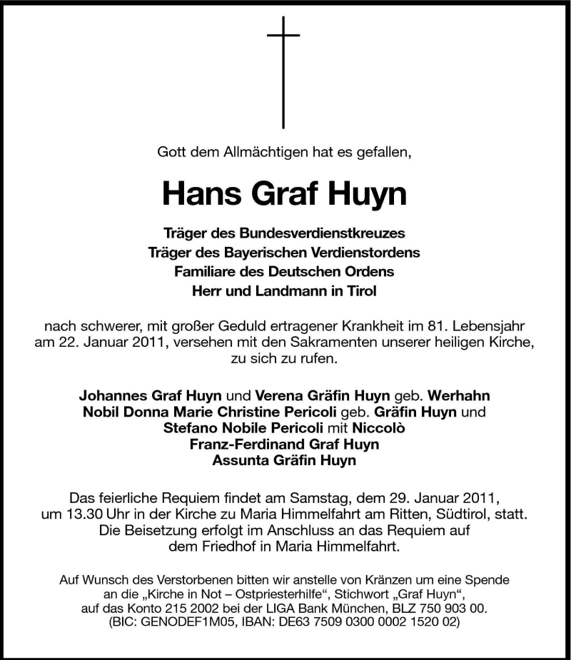  Traueranzeige für Hans Graf Huyn vom 25.01.2011 aus Dolomiten