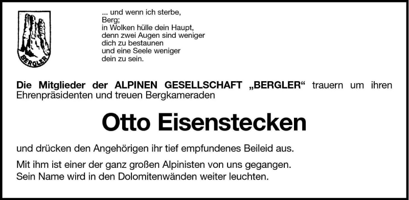  Traueranzeige für Otto Eisenstecken vom 16.07.2004 aus Dolomiten