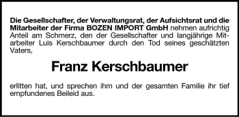 Traueranzeige von Franz Kerschbaumer von Dolomiten