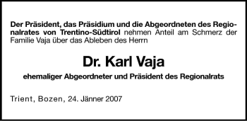 Traueranzeige von Karl Vaja von Dolomiten