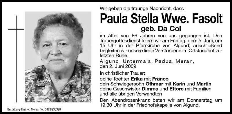  Traueranzeige für Paula Fasolt vom 03.06.2009 aus Dolomiten