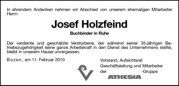 Traueranzeige von Josef Holzfeind von Dolomiten