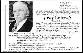 Traueranzeige von Josef Chizzali von Dolomiten