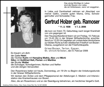 Traueranzeige von Gertrud Holzer von Dolomiten