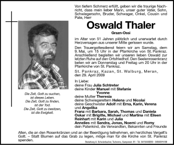 Traueranzeige von Oswald Thaler von Dolomiten