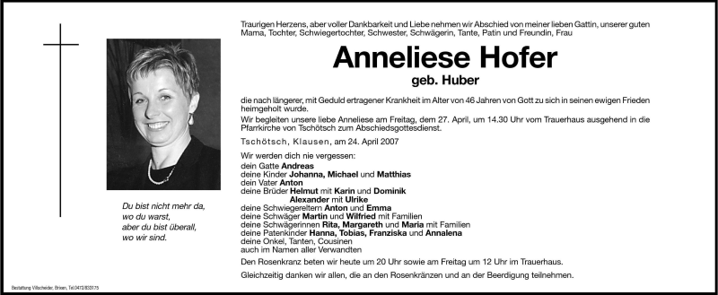  Traueranzeige für Anneliese Hofer vom 26.04.2007 aus Dolomiten