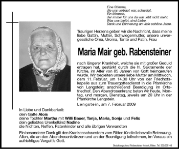 Traueranzeige von Maria Mair von Dolomiten