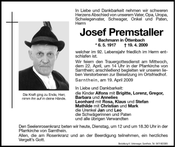 Traueranzeige von Josef Premstaller von Dolomiten