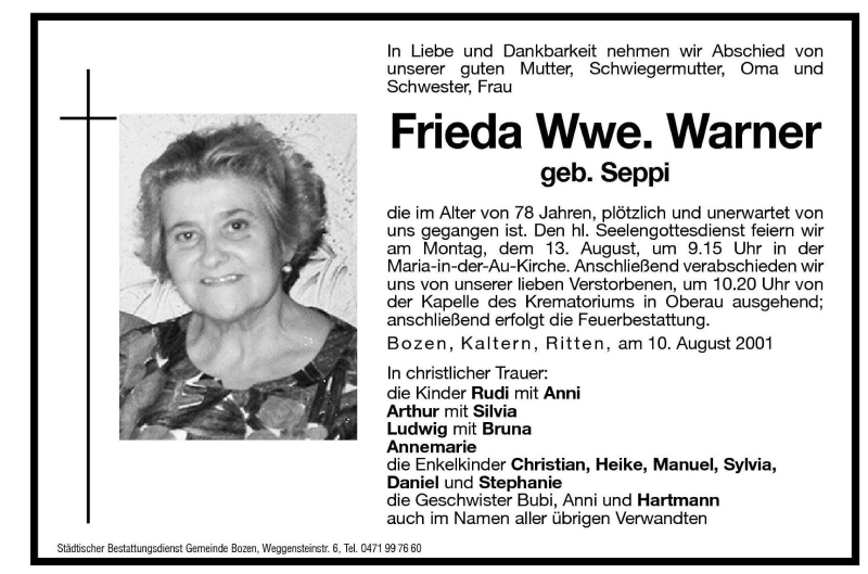  Traueranzeige für Frieda Warner vom 11.08.2001 aus Dolomiten