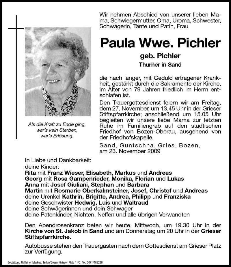  Traueranzeige für Paula Pichler vom 25.11.2009 aus Dolomiten
