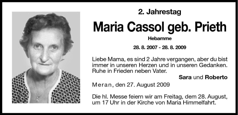  Traueranzeige für Maria Giovanna Cassol vom 27.08.2009 aus Dolomiten