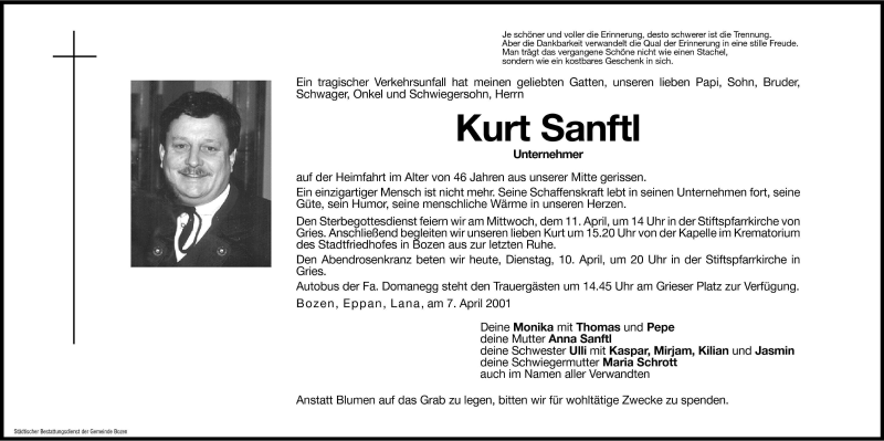  Traueranzeige für Kurt Sanftl vom 10.04.2001 aus Dolomiten