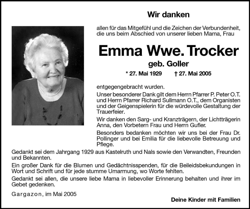  Traueranzeige für Emma Trocker vom 10.06.2005 aus Dolomiten