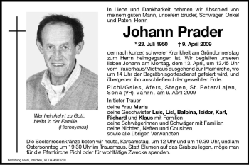 Traueranzeige von Johann Prader von Dolomiten