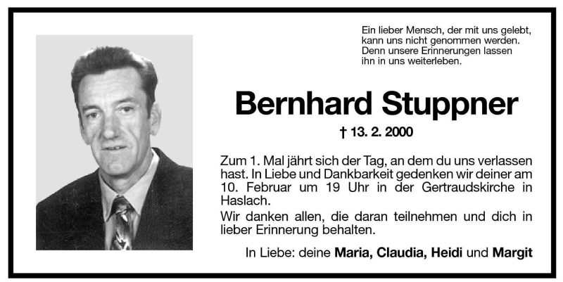  Traueranzeige für Bernhard Stuppner vom 09.02.2001 aus Dolomiten