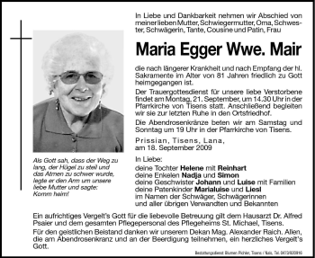 Traueranzeige von Maria Mair von Dolomiten