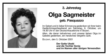 Traueranzeige von Olga Sagmeister von Dolomiten