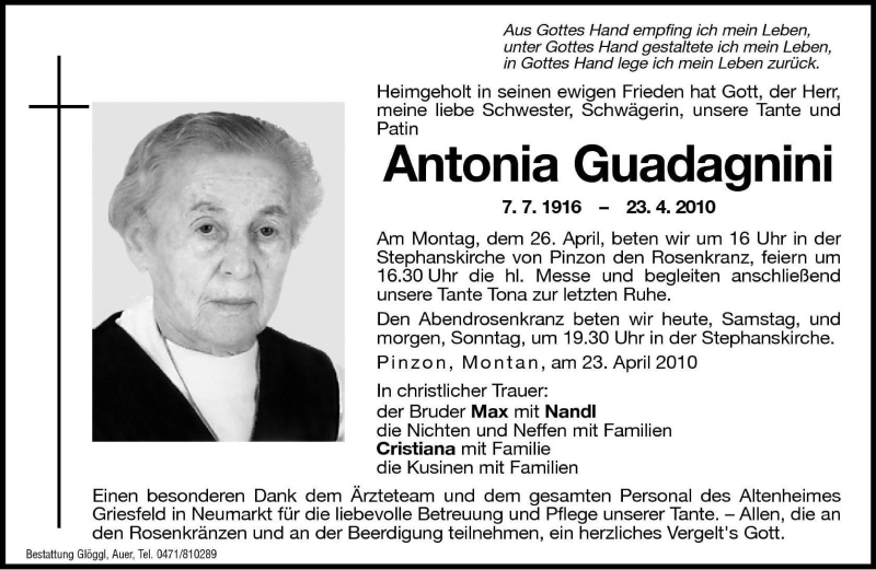  Traueranzeige für Antonia Guadagnini vom 24.04.2010 aus Dolomiten