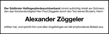 Traueranzeige von Alexander Zöggeler von Dolomiten