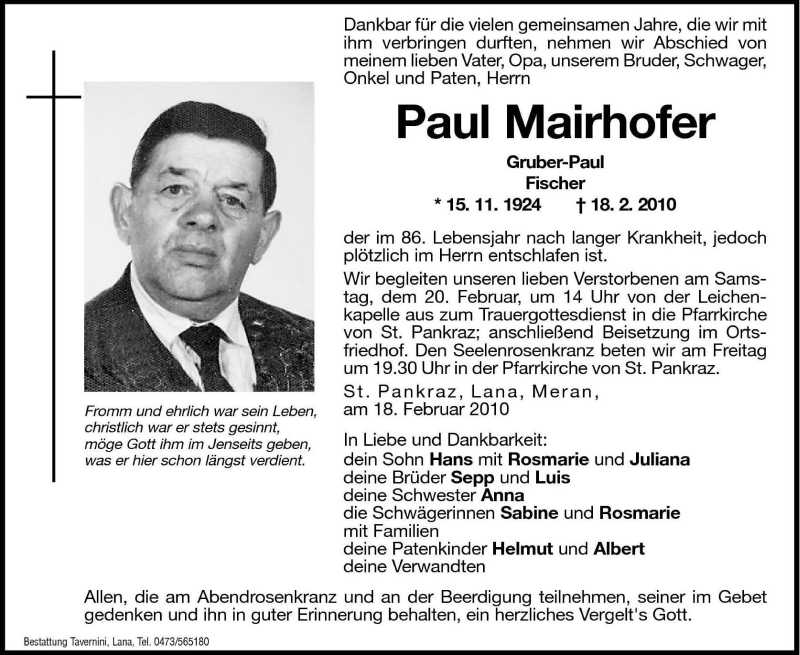  Traueranzeige für Paul Mairhofer vom 19.02.2010 aus Dolomiten