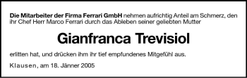 Traueranzeige von Gianfranca Trevisiol von Dolomiten