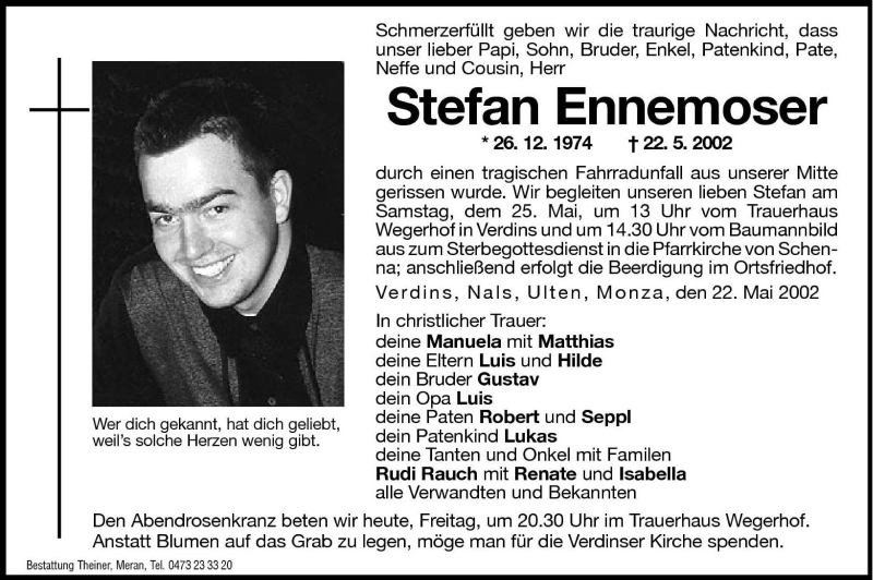  Traueranzeige für Stefan Ennemoser vom 24.05.2002 aus Dolomiten