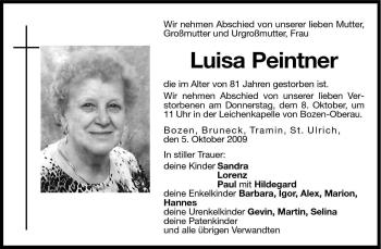 Traueranzeige von Luisa Peintner von Dolomiten