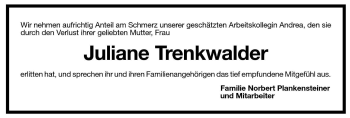 Traueranzeige von Juliane Trenkwalder von Dolomiten