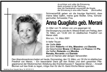 Traueranzeige von Anna Quagliato von Dolomiten