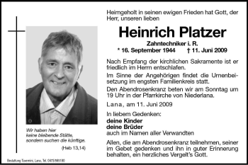 Traueranzeige von Heinrich Platzer von Dolomiten