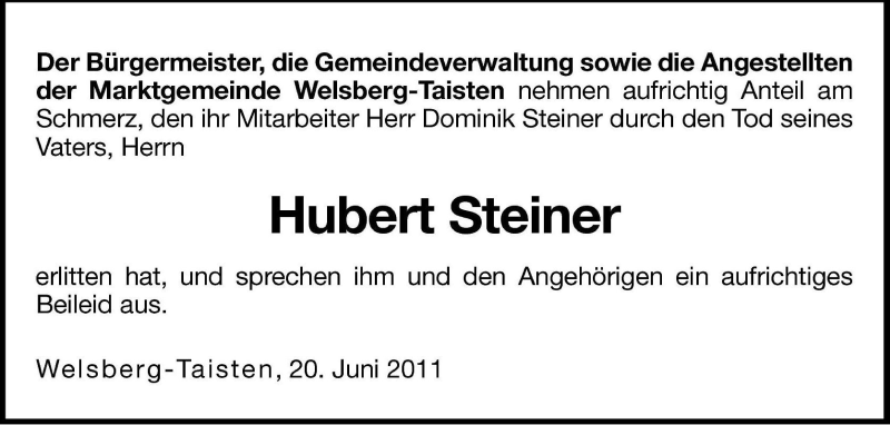  Traueranzeige für Hubert Steiner vom 21.06.2011 aus Dolomiten