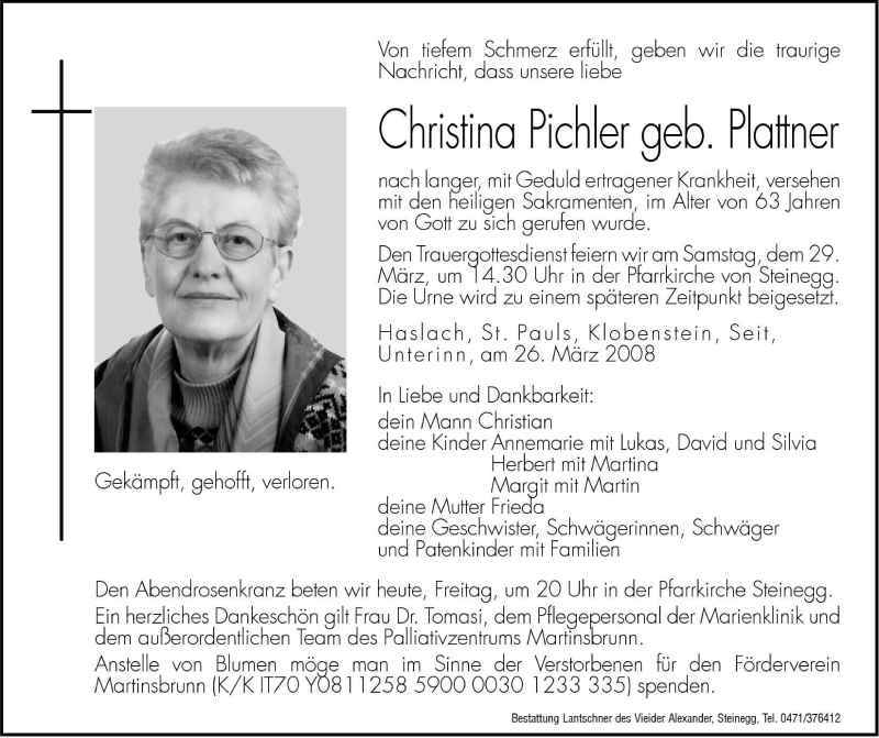  Traueranzeige für Christina Pichler vom 28.03.2008 aus Dolomiten