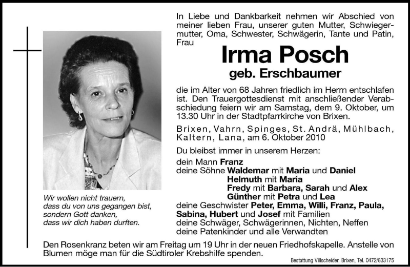  Traueranzeige für Irma Posch vom 08.10.2010 aus Dolomiten